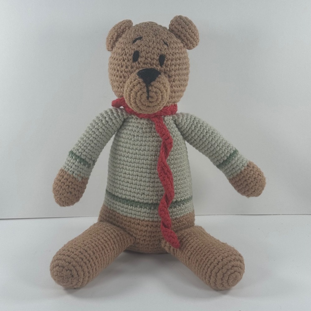 Pebble Child Crochet Teddy Bear Tan Sage Green Sweater Red Scarf Amigurumi Plush